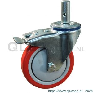 Protempo serie 21-12 zwenk transportwiel pen dubbele rem naloop stalen gaffel grijze PA velg blauwe TPU band 125 mm kogellager 221.126.125.520