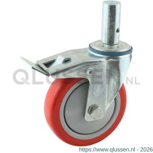 Protempo serie 21-12 zwenk transportwiel pen dubbele rem naloop stalen gaffel grijze PA velg blauwe TPU band 125 mm kogellager 221.126.125.521