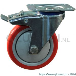 Protempo serie 21-12 zwenk transportwiel plaatbevestiging dubbele rem naloop stalen gaffel grijze PA velg rode TPU band 125 mm kogellager 221.126.126.532