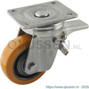 Protempo serie 21-36 zwenk transportwiel plaatbevestiging dubbele rem voorloop RVS gaffel grijze glasvezel versterkte PA velg bruine TPU band 125 mm kogellager RVS 221.128.366.346