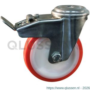 Protempo serie 27-31 zwenk transportwiel boutgat dubbele rem naloop RVS gaffel witte PA velg rode TPU band ± 97 shore A 80 mm glijlager 227.081.310.512