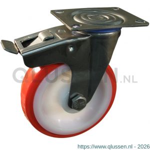 Protempo serie 27-30 zwenk transportwiel plaatbevestiging dubbele rem naloop RVS gaffel witte PA velg rode TPU band ± 97 shore A 80 mm rollager RVS 227.089.306.500