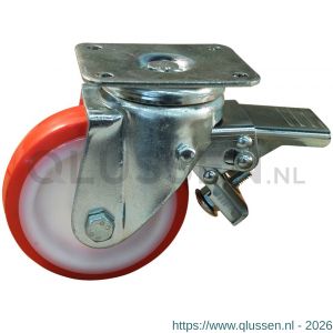 Protempo serie 27-19 zwenk transportwiel plaatbevestiging dubbele rem voorloop stalen gaffel witte PA velg rode TPU band ± 97 shore A 100 mm glijlager 227.101.196.300