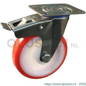 Protempo serie 27-30 zwenk transportwiel plaatbevestiging dubbele rem naloop RVS gaffel witte PA velg rode TPU band ± 97 shore A 100 mm glijlager 227.101.306.500