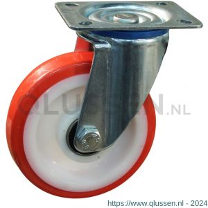 Protempo serie 27-12 zwenk transportwiel plaatbevestiging stalen gaffel witte PA velg rode TPU band ± 97 shore A 100 mm kogellager 227.106.126.000