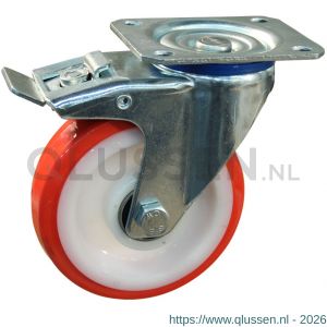 Protempo serie 27-12 zwenk transportwiel plaatbevestiging dubbele rem naloop stalen gaffel witte PA velg rode TPU band ± 97 shore A 100 mm kogellager 227.106.126.500