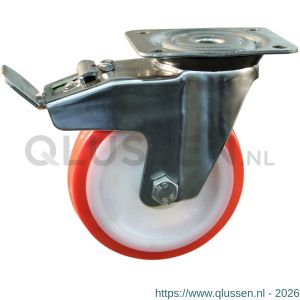 Protempo serie 27-31 zwenk transportwiel plaatbevestiging dubbele rem naloop RVS gaffel witte PA velg rode TPU band ± 97 shore A 100 mm rollager RVS 227.109.316.500