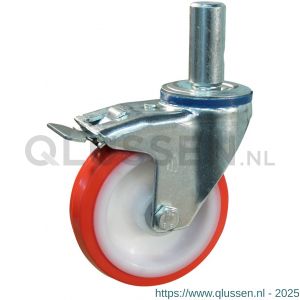 Protempo serie 27-12 zwenk transportwiel pen dubbele rem naloop stalen gaffel witte PA velg rode TPU band ± 97 shore A 125 mm glijlager 227.121.125.527