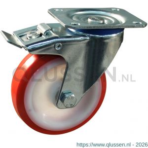Protempo serie 27-12 zwenk transportwiel plaatbevestiging dubbele rem naloop stalen gaffel witte PA velg rode TPU band ± 97 shore A 125 mm glijlager 227.121.126.500
