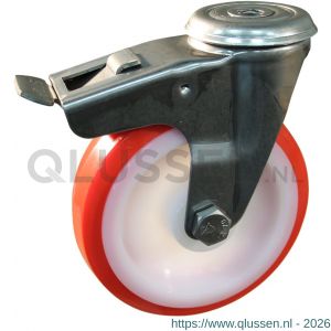 Protempo serie 27-30 zwenk transportwiel boutgat dubbele rem naloop RVS gaffel witte PA velg rode TPU band ± 97 shore A 125 mm glijlager 227.121.300.512