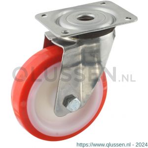 Protempo serie 27-31 zwenk transportwiel plaatbevestiging RVS gaffel witte PA velg rode TPU band ± 97 shore A 125 mm glijlager 227.121.316.000