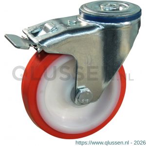 Protempo serie 27-12 zwenk transportwiel boutgat dubbele rem naloop stalen gaffel witte PA velg rode TPU band ± 97 shore A 125 mm rollager 227.122.120.500