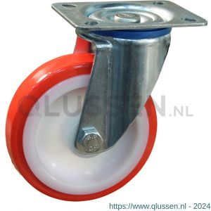 Protempo serie 27-12 zwenk transportwiel plaatbevestiging stalen gaffel witte PA velg rode TPU band ± 97 shore A 150 mm glijlager 227.151.126.000