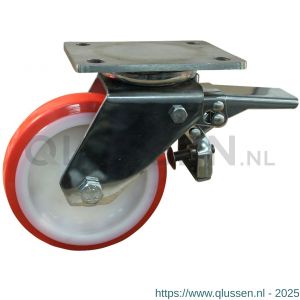 Protempo serie 27-32 zwenk transportwiel plaatbevestiging dubbele rem licht RVS gaffel witte PA velg rode TPU band ± 97 shore A 150 mm glijlager 227.151.326.400