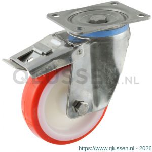 Protempo serie 27-35 zwenk transportwiel plaatbevestiging dubbele rem voorloop RVS gaffel witte PA velg rode TPU band ± 97 shore A 150 mm glijlager 227.151.356.300