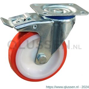 Protempo serie 27-12 zwenk transportwiel plaatbevestiging dubbele rem naloop stalen gaffel witte PA velg rode TPU band ± 97 shore A 150 mm rollager 227.152.126.500