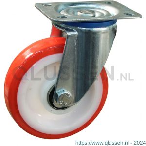 Protempo serie 27-12 zwenk transportwiel plaatbevestiging stalen gaffel witte PA velg rode TPU band ± 97 shore A 150 mm kogellager 227.156.126.000