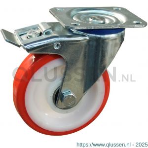 Protempo serie 27-12 zwenk transportwiel plaatbevestiging dubbele rem naloop stalen gaffel witte PA velg rode TPU band ± 97 shore A 150 mm kogellager 227.156.126.500