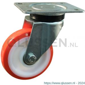 Protempo serie 27-14 zwenk transportwiel plaatbevestiging stalen gaffel witte PA velg rode TPU band ± 97 shore A 150 mm kogellager 227.156.146.000