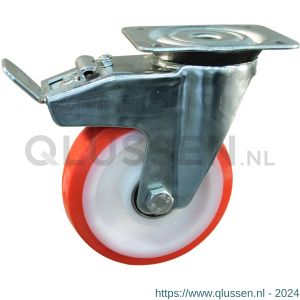 Protempo serie 27-91 zwenk transportwiel plaatbevestiging dubbele rem naloop stalen gaffel witte PA velg rode TPU band ± 97 shore A 150 mm kogellager 227.156.916.500