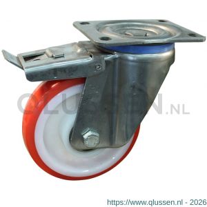 Protempo serie 27-35 zwenk transportwiel plaatbevestiging dubbele rem voorloop RVS gaffel witte PA velg rode TPU band ± 97 shore A 150 mm kogellager RVS 227.158.356.300