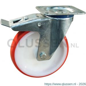 Protempo serie 27-12 zwenk transportwiel plaatbevestiging dubbele rem naloop stalen gaffel witte PA velg rode TPU band ± 97 shore A 175 mm glijlager 227.171.126.500