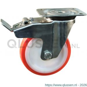Protempo serie 27-31 zwenk transportwiel plaatbevestiging dubbele rem naloop RVS gaffel witte PA velg rode TPU band ± 97 shore A 175 mm glijlager 227.171.316.500