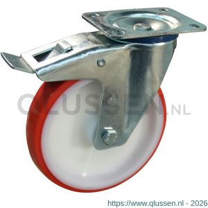 Protempo serie 27-12 zwenk transportwiel plaatbevestiging dubbele rem naloop stalen gaffel witte PA velg rode TPU band ± 97 shore A 200 mm glijlager 227.201.126.500
