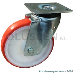 Protempo serie 27-19 zwenk transportwiel plaatbevestiging stalen gaffel witte PA velg rode TPU band ± 97 shore A 200 mm glijlager 227.201.196.000