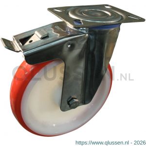 Protempo serie 27-30 zwenk transportwiel plaatbevestiging dubbele rem naloop RVS gaffel witte PA velg rode TPU band ± 97 shore A 200 mm glijlager 227.201.306.500