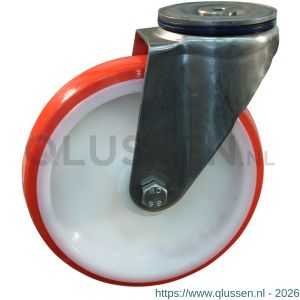 Protempo serie 27-31 zwenk transportwiel boutgat RVS gaffel witte PA velg rode TPU band ± 97 shore A 200 mm glijlager 227.201.310.012