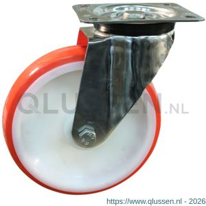 Protempo serie 27-31 zwenk transportwiel plaatbevestiging RVS gaffel witte PA velg rode TPU band ± 97 shore A 200 mm glijlager 227.201.316.000