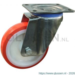 Protempo serie 27-35 zwenk transportwiel plaatbevestiging RVS gaffel witte PA velg rode TPU band ± 97 shore A 200 mm glijlager 227.201.356.000