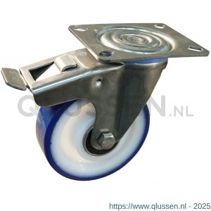 Protempo serie 27-30 zwenk transportwiel plaatbevestiging dubbele rem naloop RVS gaffel witte PA velg rode TPU band ± 97 shore A 200 mm kogellager RVS 227.208.306.501