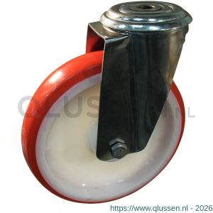 Protempo serie 27-30 zwenk transportwiel boutgat RVS gaffel witte PA velg rode TPU band ± 97 shore A 200 mm rollager RVS 227.209.300.016