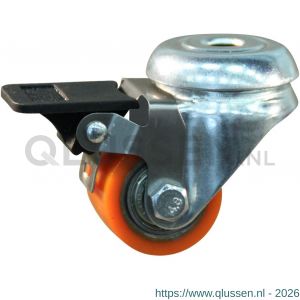 Protempo serie 28-29 zwenk transportwiel boutgat enkele rem stalen gaffel gietijzeren velg PU band ± 94 shore A 35 mm kogellager 228.036.230.625