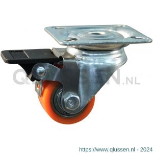 Protempo serie 28-23 zwenk transportwiel plaatbevestiging enkele rem stalen gaffel gietijzeren velg PU band ± 94 shore A 35 mm kogellager 228.036.236.625