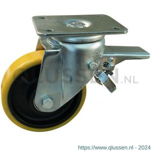 Protempo serie 28-19 zwenk transportwiel plaatbevestiging dubbele rem voorloop stalen gaffel gietijzeren velg PU band ± 94 shore A 80 mm kogellager 228.086.196.330