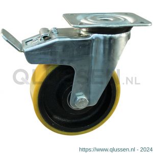 Protempo serie 28-91 zwenk transportwiel plaatbevestiging dubbele rem naloop stalen gaffel gietijzeren velg PU band ± 94 shore A 80 mm kogellager 228.086.916.530