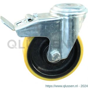 Protempo serie 28-91 zwenk transportwiel boutgat dubbele rem naloop stalen gaffel gietijzeren velg PU band ± 94 shore A 100 mm kogellager 228.106.910.530