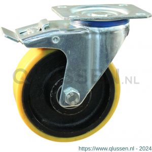 Protempo serie 28-12 zwenk transportwiel plaatbevestiging dubbele rem naloop stalen gaffel gietijzeren velg PU band ± 94 shore A 125 mm kogellager 228.126.126.530