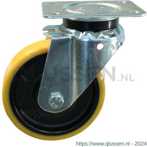 Protempo serie 28-14 zwenk transportwiel plaatbevestiging stalen gaffel gietijzeren velg PU band ± 94 shore A 125 mm kogellager 228.126.146.130