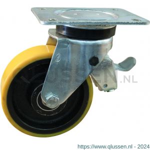 Protempo serie 28-14 zwenk transportwiel plaatbevestiging dubbele rem voorloop stalen gaffel gietijzeren velg PU band ± 94 shore A 125 mm kogellager 228.126.146.340