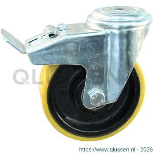 Protempo serie 28-91 zwenk transportwiel boutgat dubbele rem naloop stalen gaffel gietijzeren velg PU band ± 94 shore A 150 mm kogellager 228.156.910.540