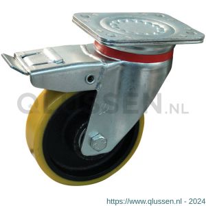 Protempo serie 28-17 zwenk transportwiel plaatbevestiging dubbele rem naloop stalen gaffel gietijzeren velg PU band ± 94 shore A 160 mm kogellager 228.166.176.550