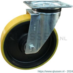 Protempo serie 28-91 zwenk transportwiel plaatbevestiging stalen gaffel gietijzeren velg PU band ± 94 shore A 180 mm kogellager 228.186.916.050