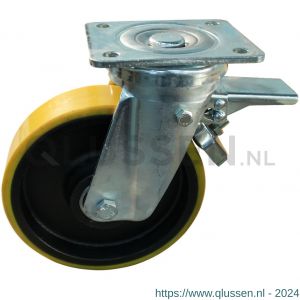 Protempo serie 28-18 zwenk transportwiel plaatbevestiging dubbele rem voorloop stalen gaffel gietijzeren velg PU band ± 94 shore A 200 mm kogellager 228.206.186.350