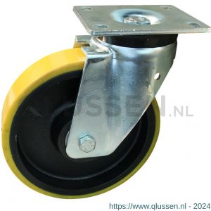 Protempo serie 28-19 zwenk transportwiel plaatbevestiging stalen gaffel gietijzeren velg PU band ± 94 shore A 200 mm kogellager 228.206.196.050