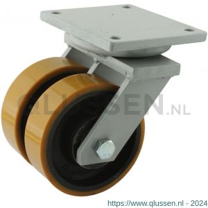 Protempo serie 28-21 zwenk transportwiel plaatbevestiging stalen gaffel gietijzeren velg PU band ± 94 shore A dubbel 200 mm kogellager 228.206.216.050