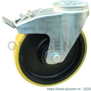 Protempo serie 28-91 zwenk transportwiel boutgat dubbele rem naloop stalen gaffel gietijzeren velg PU band ± 94 shore A 200 mm kogellager 228.206.910.550